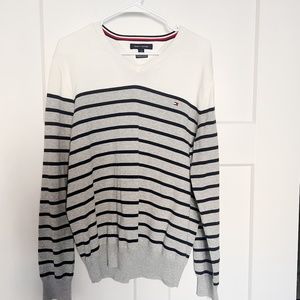 Tommy Hilfiger L White Navy Grey Premium Cotton V-Neck Sweater
